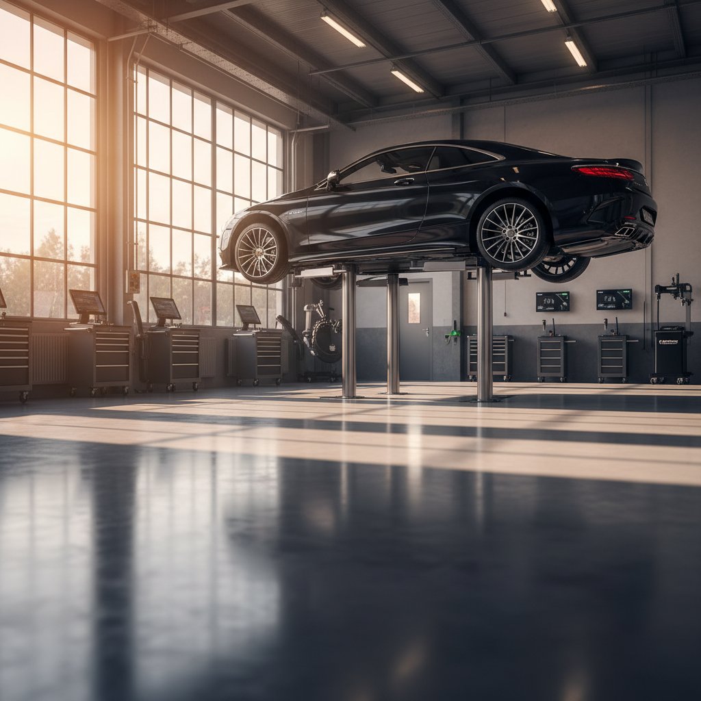 Professional automotive service centre workshop with modern diagnostic equipment and vehicle lift